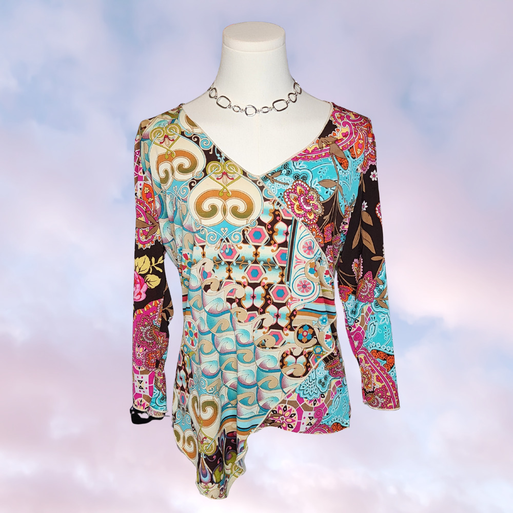 Y2k Caia Asymmetrical Long Sleeve Colorful Paisley Rose Floral Geometric Top L